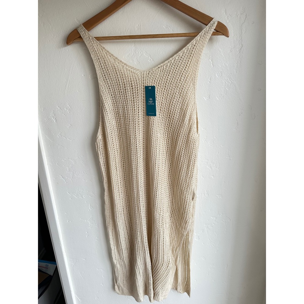 Womens Crochet Knit Swim Cover Up Dress Cream Side Slit Size Medium Boho Beach - Picture 5 of 12
